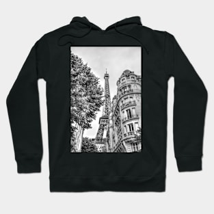 Eiffel Tower Paris, Between The Buildings Black & White Hoodie